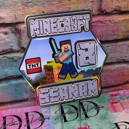 Pixel Game Cake Topper – Block Game Birthday Cake Decoration – Personalised Name & Age