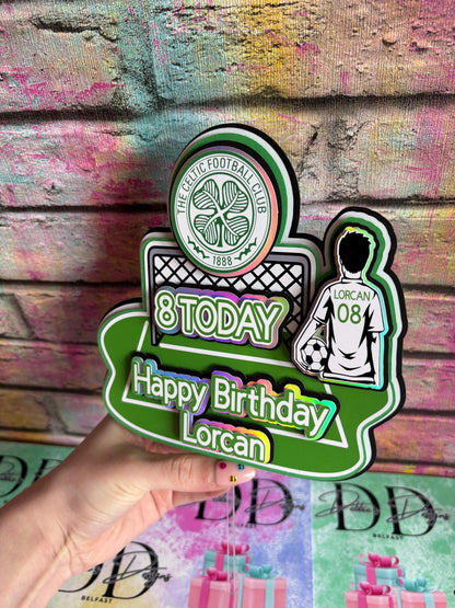 Personalised Football Cake Topper – Football Pitch Birthday Cake Decoration – Any Name & Age
