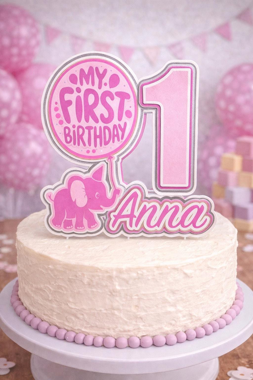 Personalized Elephant First Birthday Cake Topper | Custom Name Baby Celebration