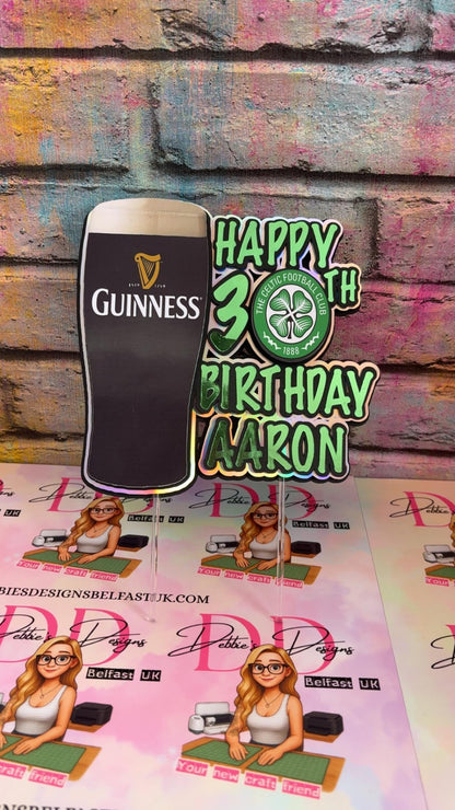 Male football & beer/stout cake topper - 20th, 30th, 40th, 50th, 60th Birthday for him.