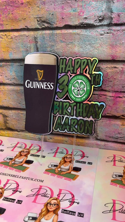 Male football & beer/stout cake topper - 20th, 30th, 40th, 50th, 60th Birthday for him.