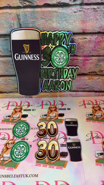Male football & beer/stout cake topper - 20th, 30th, 40th, 50th, 60th Birthday for him.