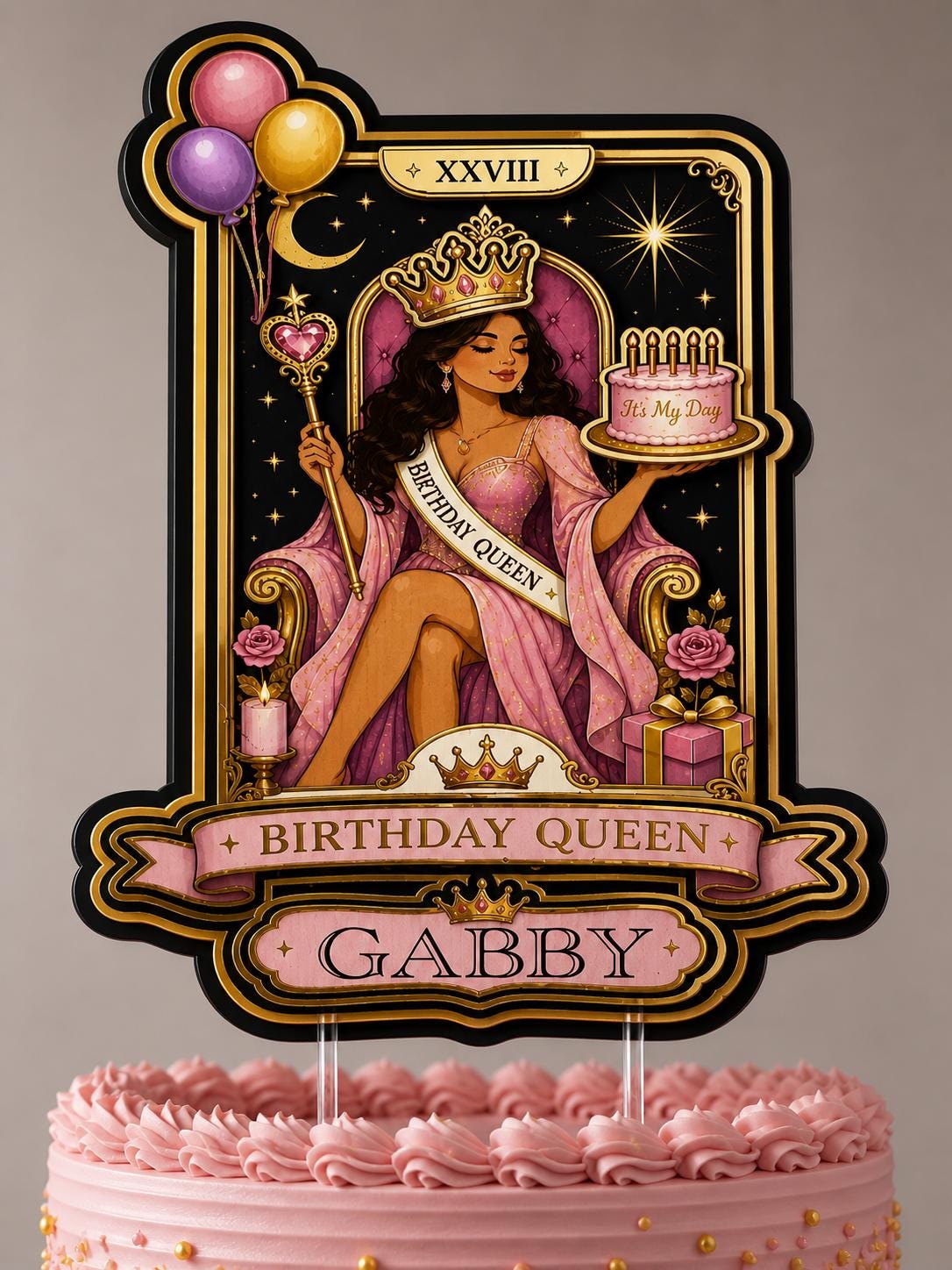 Personalised Birthday Queen Cake Topper, Pink Gold Custom Name Decoration