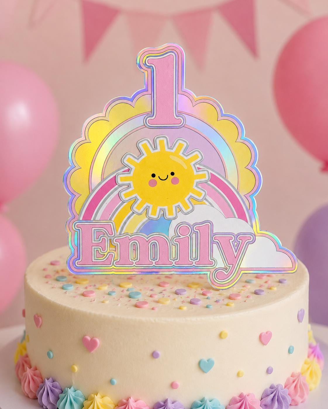 Pastel Rainbow 1st Birthday Cake Topper, Personalised Rainbow Sun Cloud Cake Decoration, Holographic Mirror Cardstock Topper, Any Name Age