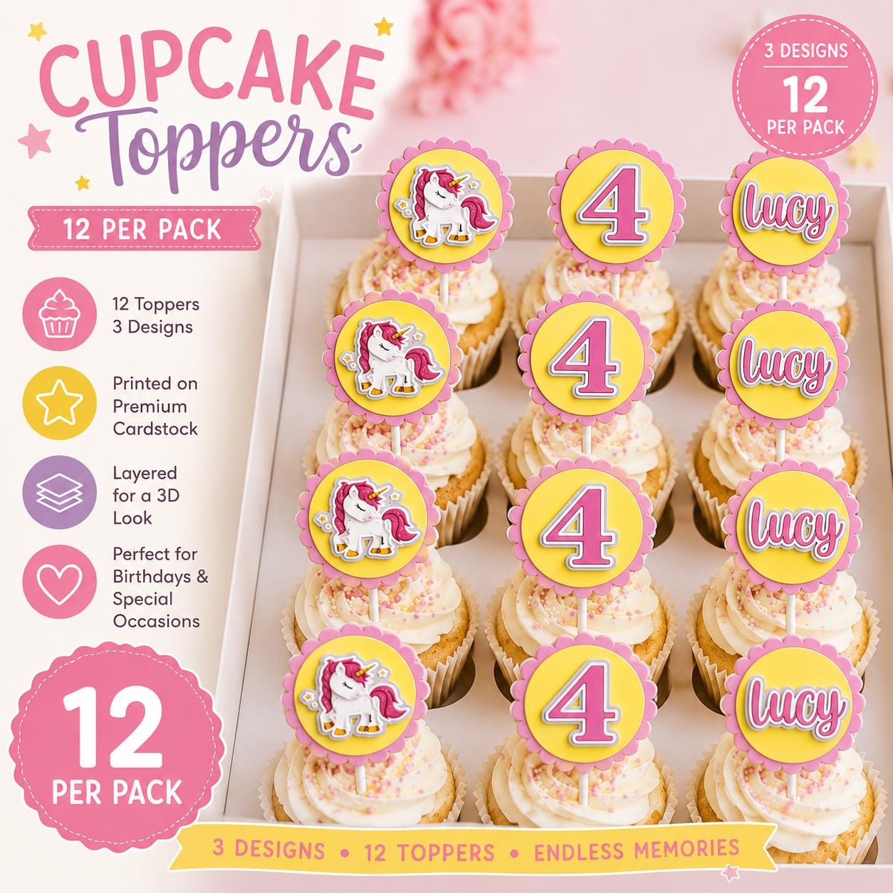 Personalised Unicorn Cupcake Toppers, Pink Yellow Birthday Cupcake Decorations, Any Name & Age, Layered 3D Party Toppers, 12 Per Pack