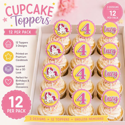 Personalised Unicorn Cupcake Toppers, Pink Yellow Birthday Cupcake Decorations, Any Name & Age, Layered 3D Party Toppers, 12 Per Pack