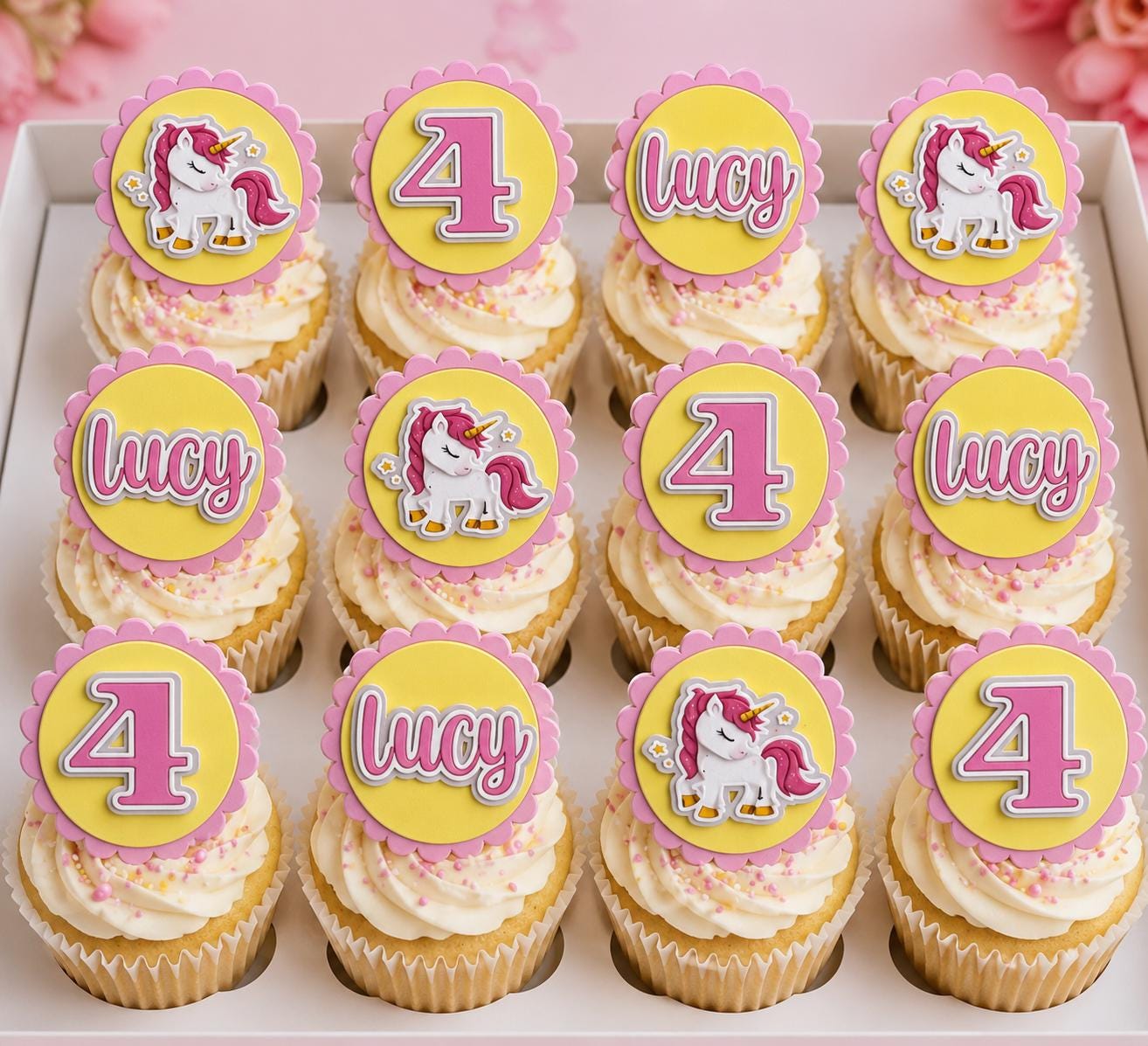 Personalised Unicorn Cupcake Toppers, Pink Yellow Birthday Cupcake Decorations, Any Name & Age, Layered 3D Party Toppers, 12 Per Pack