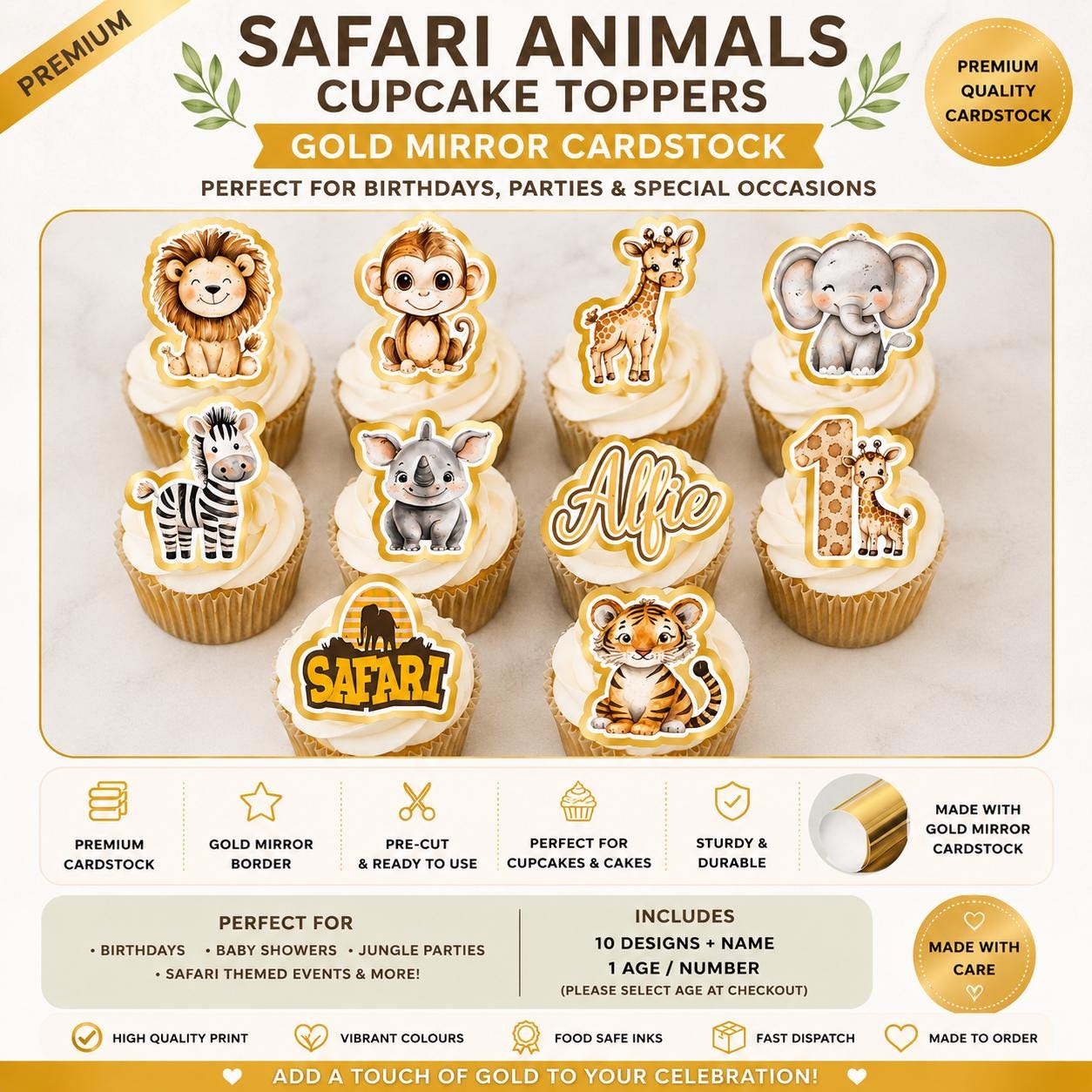 Safari Animals 3D Cupcake Toppers | Gold Mirror Cardstock Safari Party Decorations | Personalised Name & Age Jungle Birthday Toppers