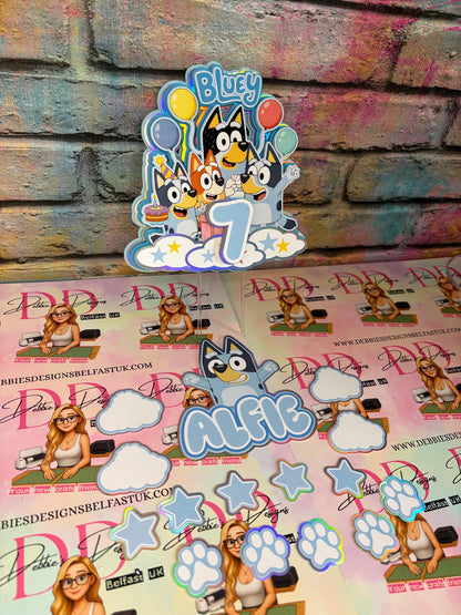 Blue Puppy Inspired Cake Topper Personalised | Any Name & Age Birthday Decoration