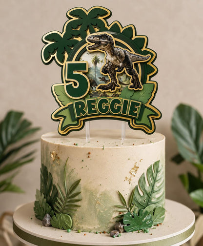 Personalised Dinosaur Cake Topper | Any Name & Age | 3D Layered Jungle Dino Birthday Cake Decoration | Green Gold Cardstock Topper