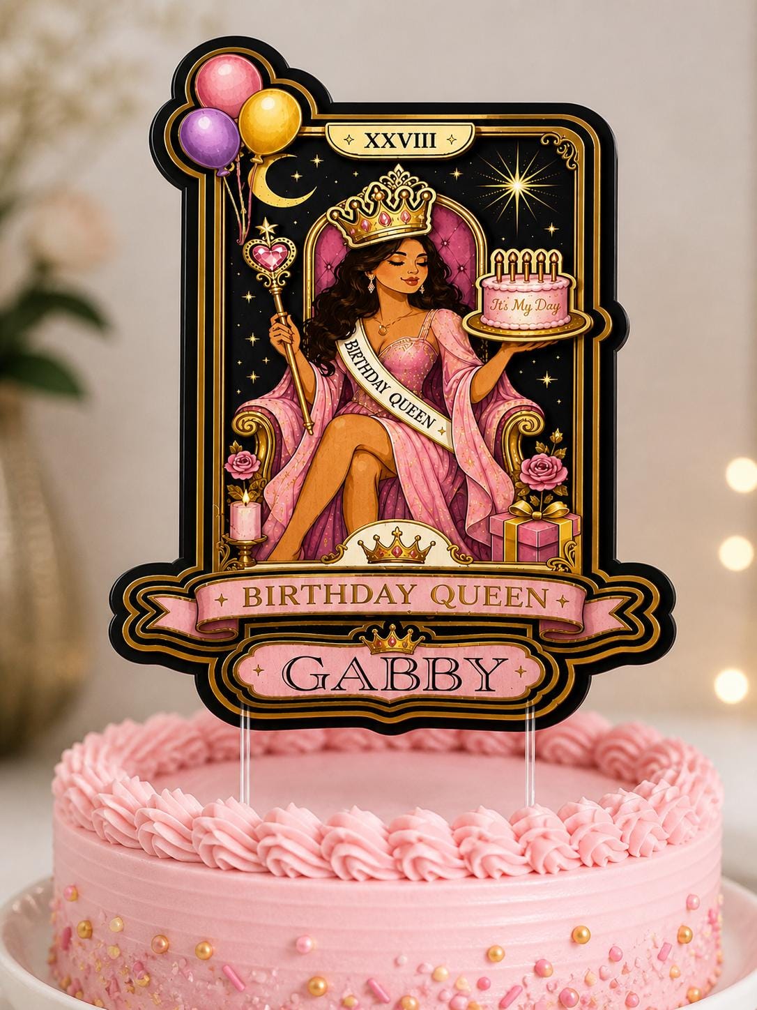 Personalised Birthday Queen Cake Topper, Pink Gold Custom Name Decoration