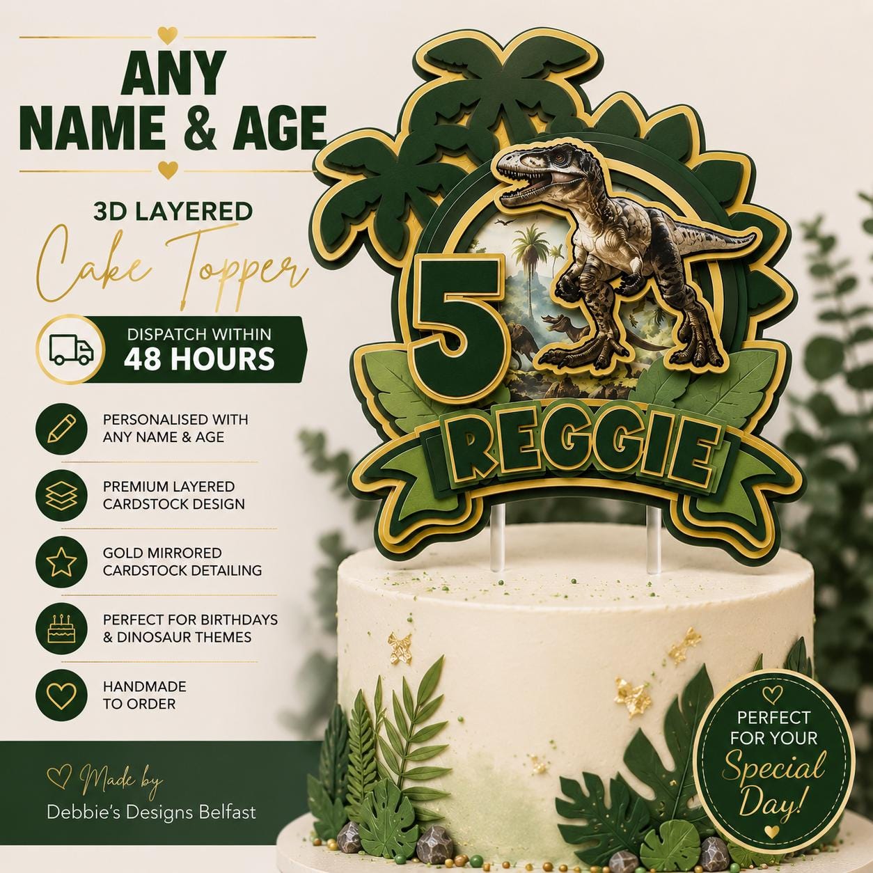 Personalised Dinosaur Cake Topper | Any Name & Age | 3D Layered Jungle Dino Birthday Cake Decoration | Green Gold Cardstock Topper