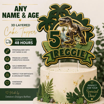 Personalised Dinosaur Cake Topper | Any Name & Age | 3D Layered Jungle Dino Birthday Cake Decoration | Green Gold Cardstock Topper