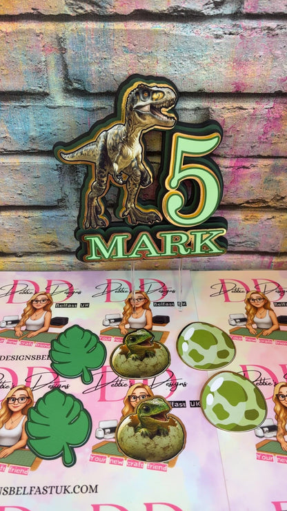 Dinosaur Cake Topper Set | Personalised Dino Birthday Cake Decorations | Jurassic Theme Cake Topper | Custom Name & Age | Dinosaur Party