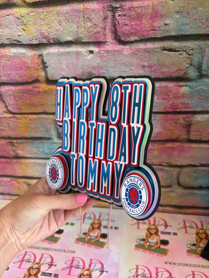 Rangers Inspired Cake Topper | Personalised Football Birthday Cake Decoration | Custom Name & Age Topper | Blue Red Silver Mirror Cardstock