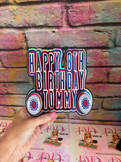 Rangers Inspired Cake Topper | Personalised Football Birthday Cake Decoration | Custom Name & Age Topper | Blue Red Silver Mirror Cardstock