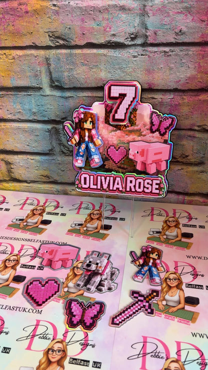 Pink Gamer Girl Cake Topper Set, Pink computer game Birthday Decorations, Personalised Name & Age Party Decor