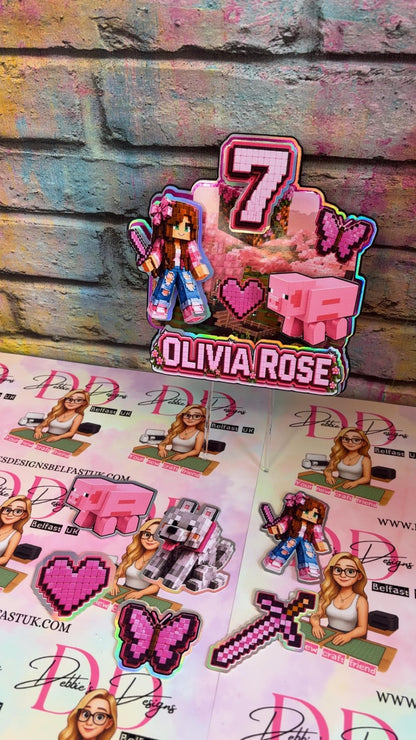 Pink Gamer Girl Cake Topper Set, Pink computer game Birthday Decorations, Personalised Name & Age Party Decor