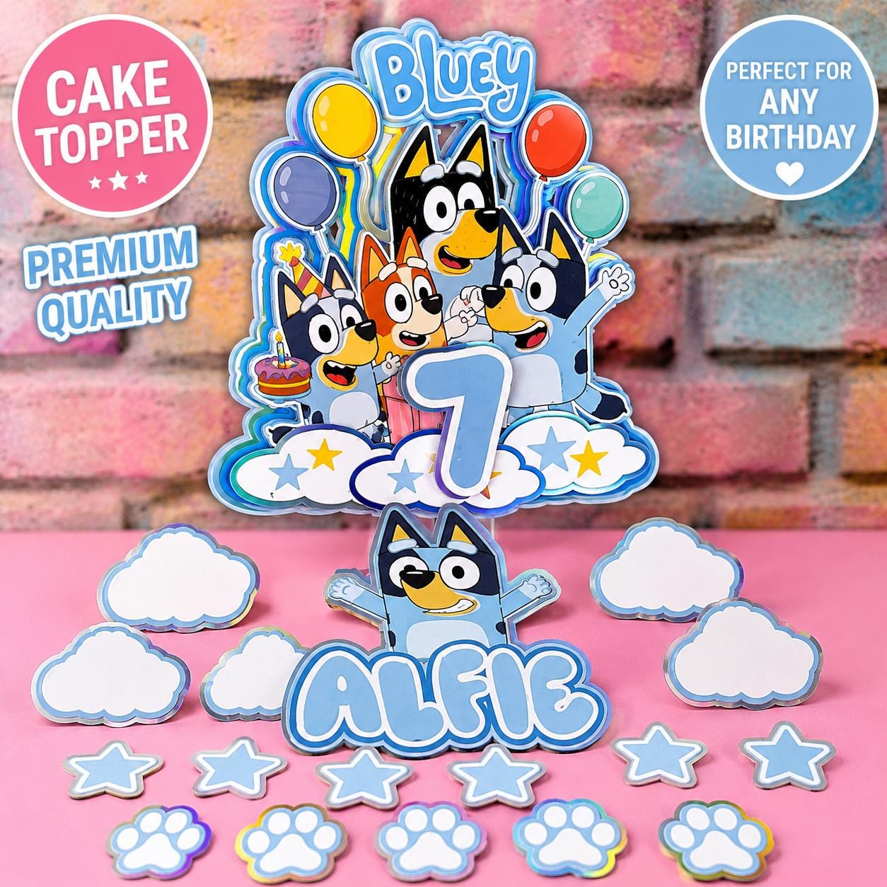 Blue Puppy Inspired Cake Topper Personalised | Any Name & Age Birthday Decoration