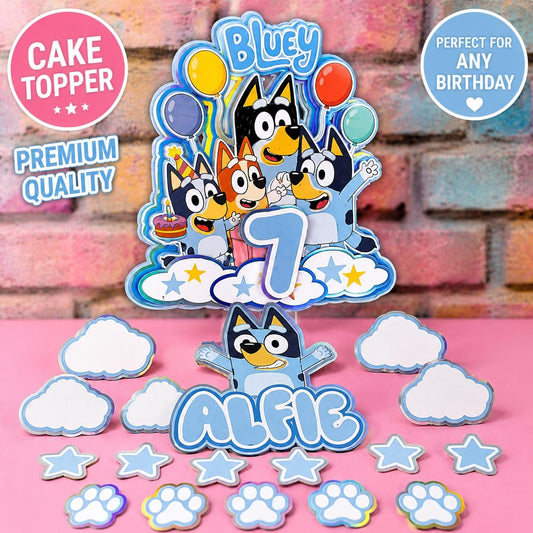 Blue Puppy Inspired Cake Topper Personalised | Any Name & Age Birthday Decoration
