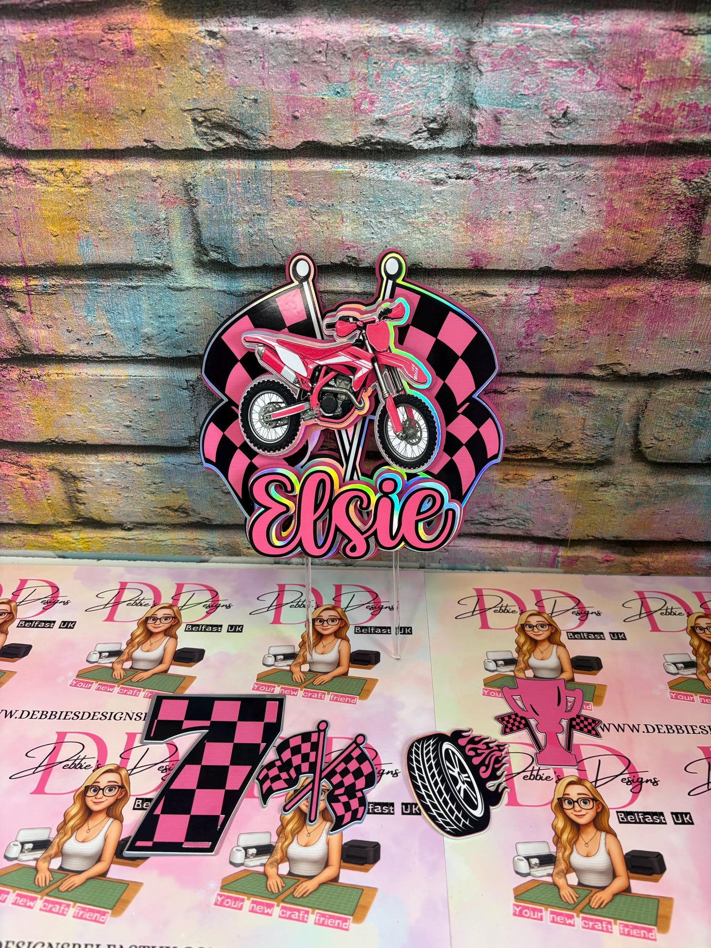 Personalised Pink Motorbike Cake Topper | Dirt Bike Birthday Decoration (3D Cardstock)