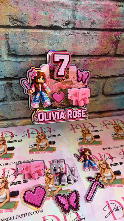 Pink Gamer Girl Cake Topper Set, Pink computer game Birthday Decorations, Personalised Name & Age Party Decor