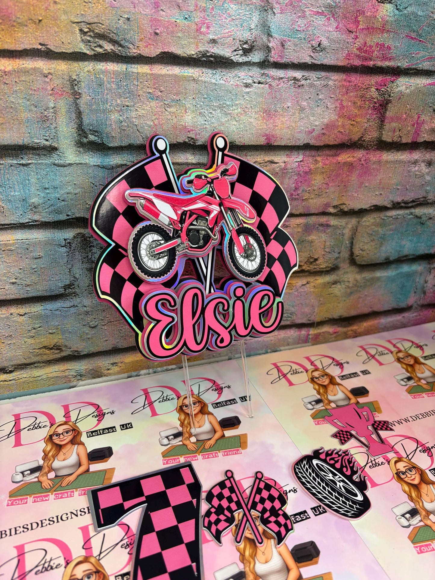 Personalised Pink Motorbike Cake Topper | Dirt Bike Birthday Decoration (3D Cardstock)