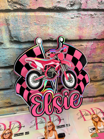 Personalised Pink Motorbike Cake Topper | Dirt Bike Birthday Decoration (3D Cardstock)