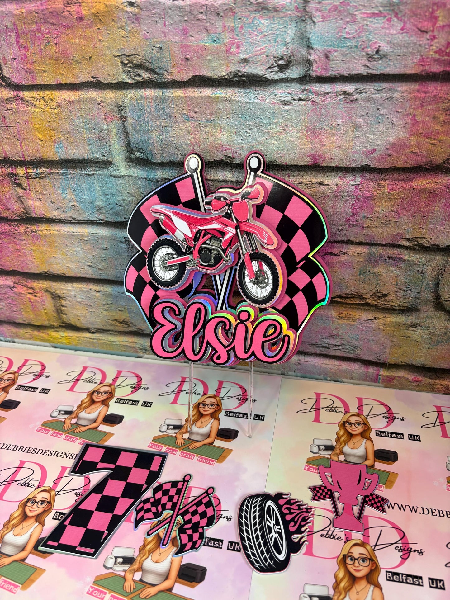 Personalised Pink Motorbike Cake Topper | Dirt Bike Birthday Decoration (3D Cardstock)