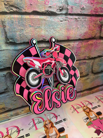 Personalised Pink Motorbike Cake Topper | Dirt Bike Birthday Decoration (3D Cardstock)
