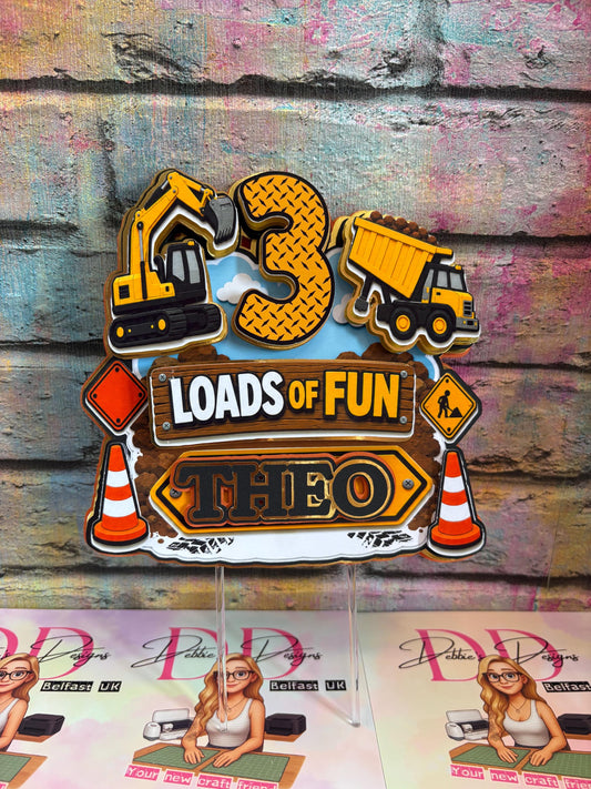 Personalised Construction Cake Topper 3rd Birthday | Digger & Dump Truck Birthday | 3 Loads of Fun | 3D Layered