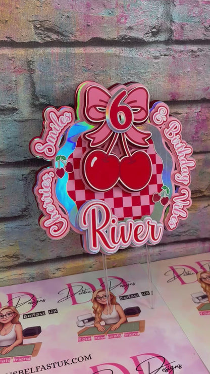 Cherries, smiles & birthday vibes cake topper. Pink & Red Checkered cherry theme