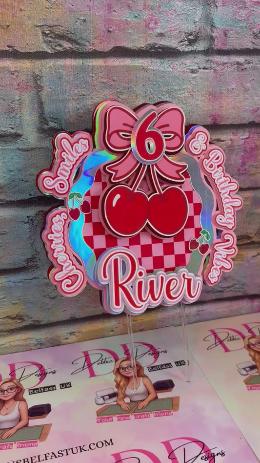 Cherries, smiles & birthday vibes cake topper. Pink & Red Checkered cherry theme