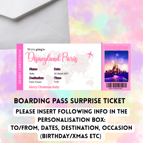 a ticket and envelope with text