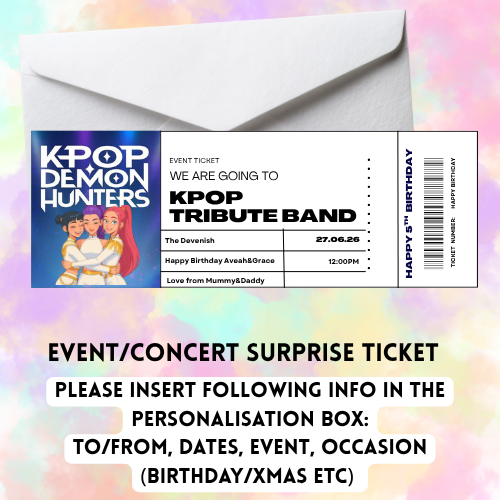 a white envelope with a ticket and a colorful background