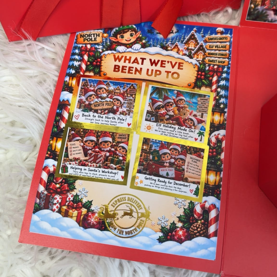 a red gift bag with a red ribbon on it